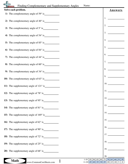 Angles Worksheets - Finding Complementary and Supplementary Angles worksheet